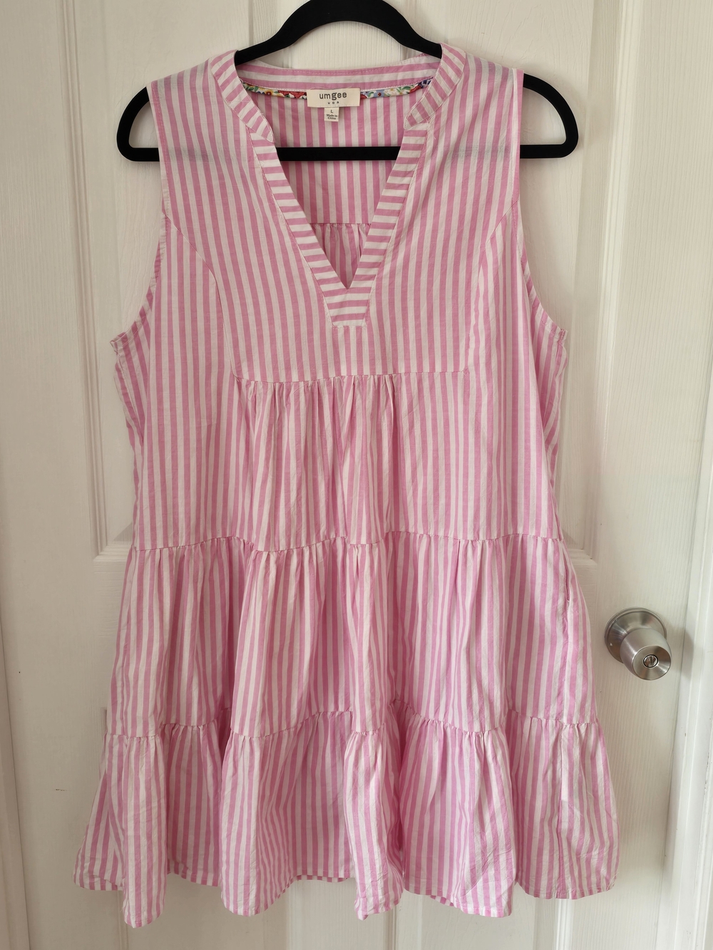 Umgee Striped Seersucker Tiered Midi Dress